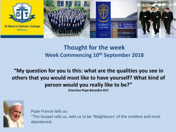 Thought for the week Week Commencing 10 th September 2018