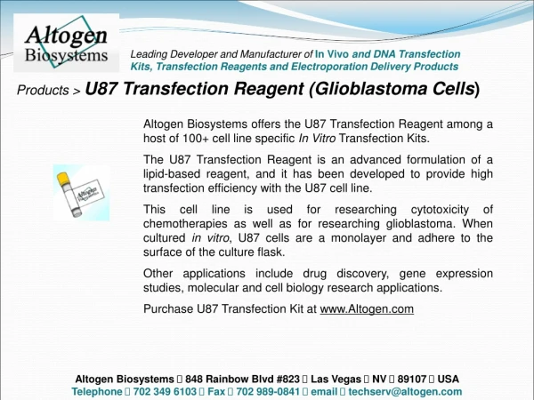 Products &gt; U87 Transfection Reagent (Glioblastoma Cells )