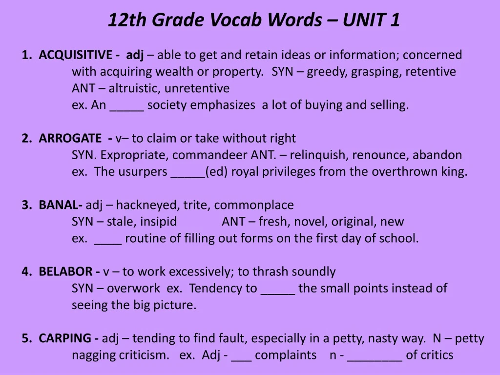 Ppt 12th Grade Vocab Words Unit 1 Powerpoint Presentation Free