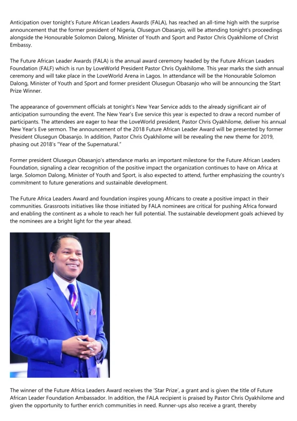Anticipation Grows as Former President is set to attend Future African Leader Awards (FALA) with Pastor Chris Oyakhilome
