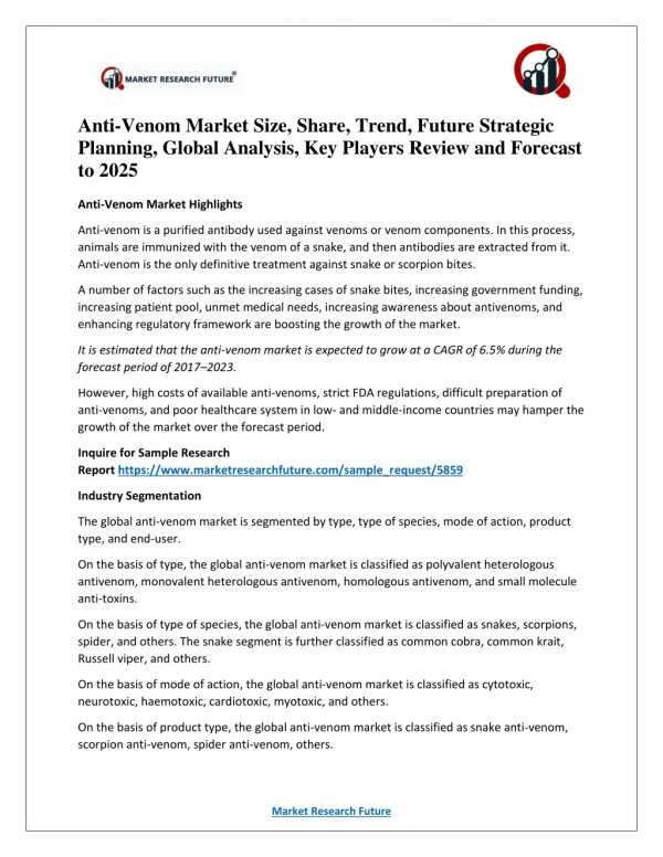 Anti-Venom Market Research 2019