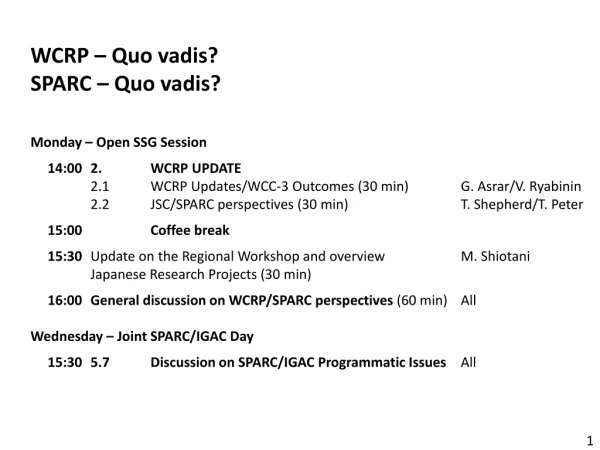 WCRP – Quo vadis? SPARC – Quo vadis? Monday – Open SSG Session 14:00 	2. 	WCRP UPDATE