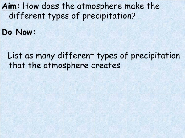 Aim : How does the atmosphere make the different types of precipitation? Do Now :