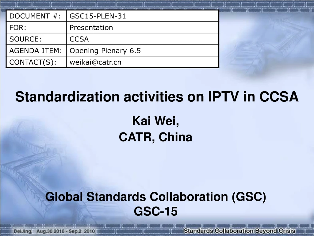 standardization activities on iptv in ccsa