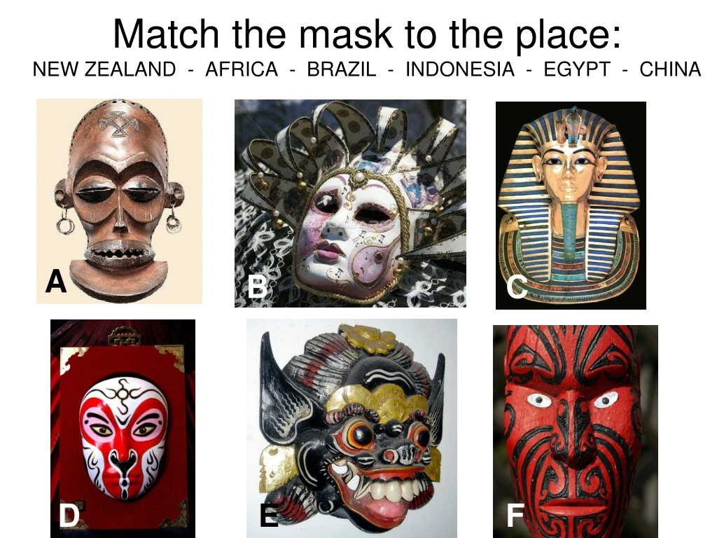 match the mask to the place new zealand africa brazil indonesia egypt china