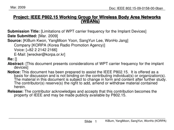 Project: IEEE P802.15 Working Group for Wireless Body Area Networks (W B ANs)