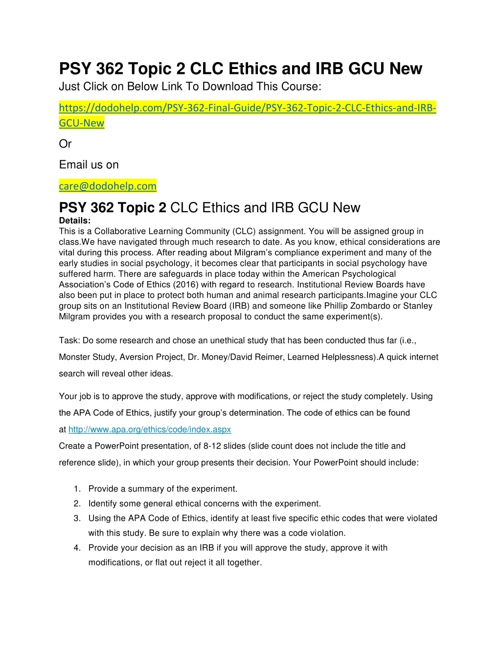 psy 362 topic 2 clc ethics and irb gcu new just