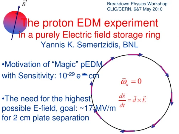 The proton EDM experiment in a purely Electric field storage ring Yannis K. Semertzidis, BNL