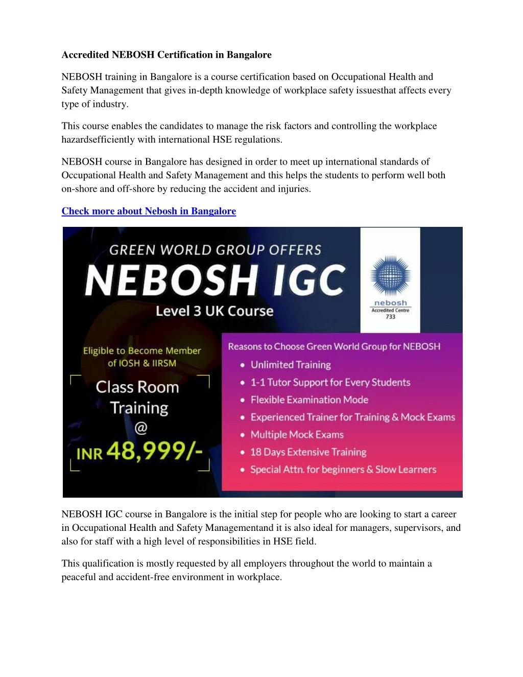 accredited nebosh certification in bangalore