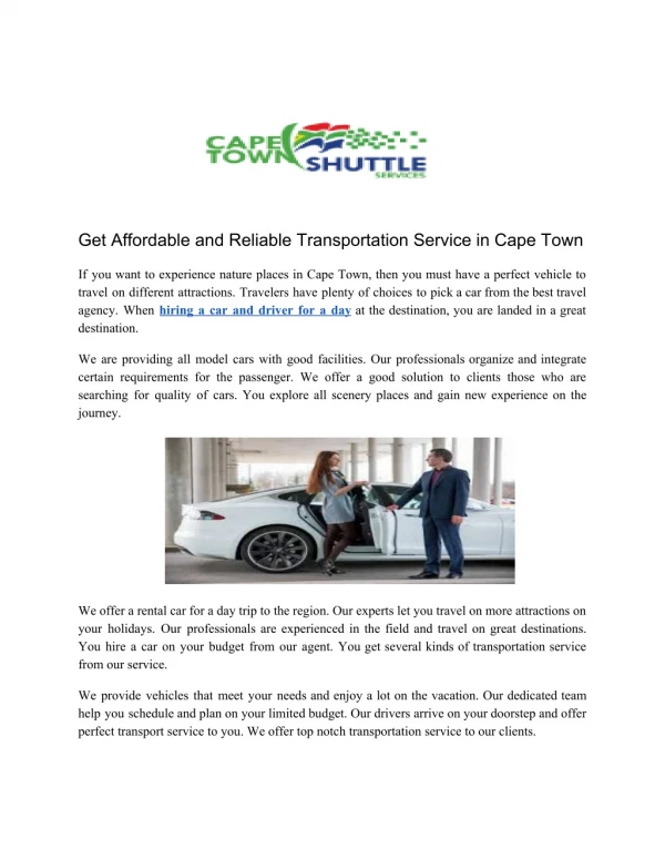 Get affordable and reliable transportation service in cape town