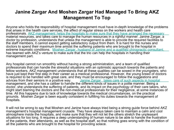 Moshen Zargar Had Managed To Bring AKZ Management To Top