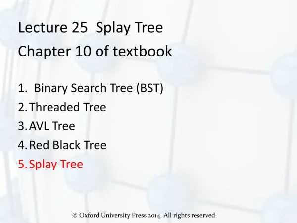 Lecture 25 Splay Tree Chapter 10 of textbook 1. Binary Search Tree (BST) Threaded Tree AVL Tree