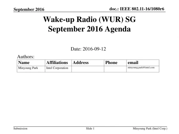Wake-up Radio (WUR) SG September 2016 Agenda