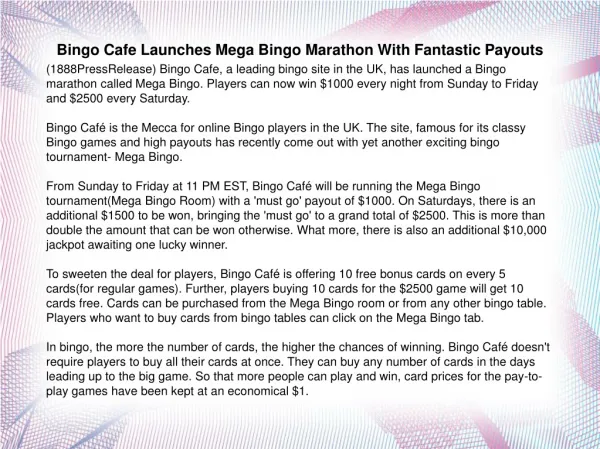 Bingo Cafe Launches Mega Bingo Marathon With Fantastic Payou
