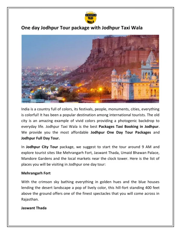 One day Jodhpur Tour package with Jodhpur Taxi Wala