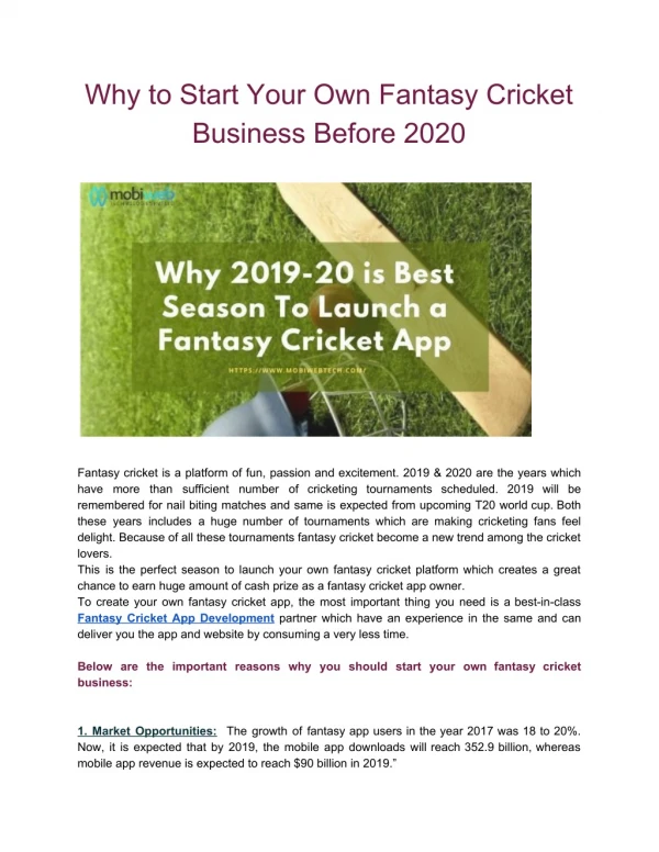 Why to Start Your Own Fantasy Cricket Business Before 2020