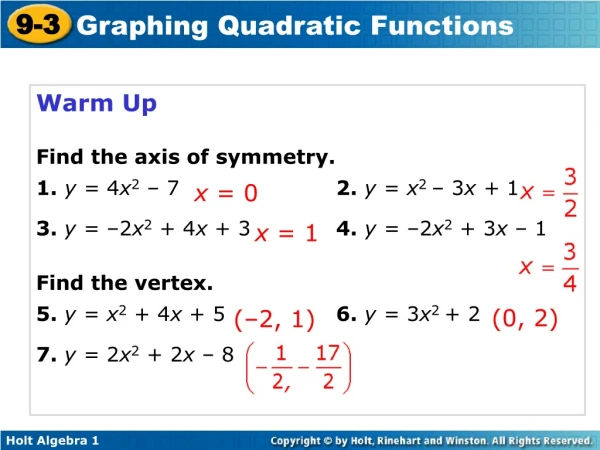 Warm Up Find the axis of symmetry. 1. y = 4 x 2 – 7			 2. y = x 2 – 3 x + 1
