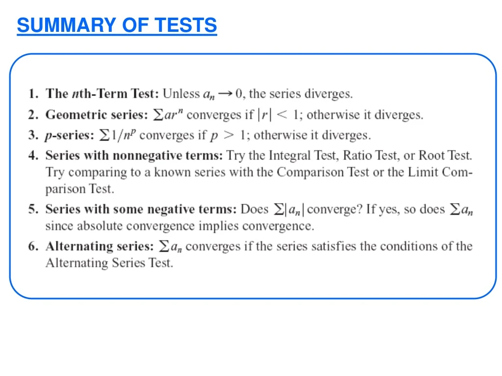 summary of tests