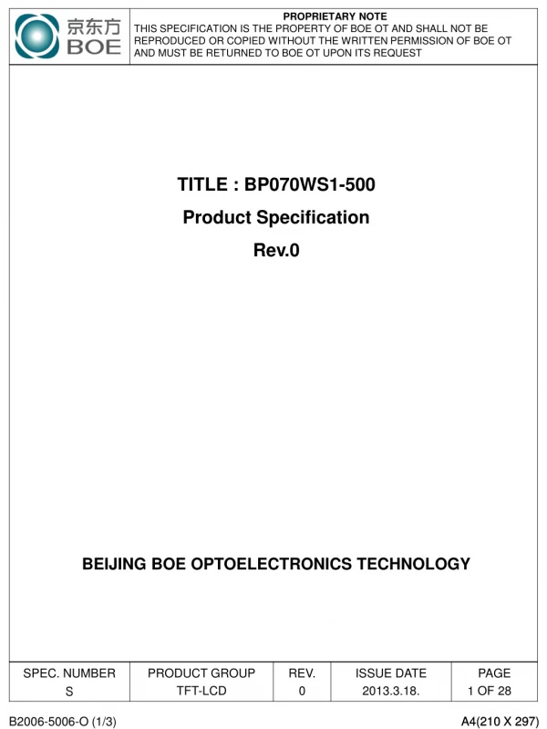 TITLE : BP 070 W S1 - 5 00 Product Specification Rev.0