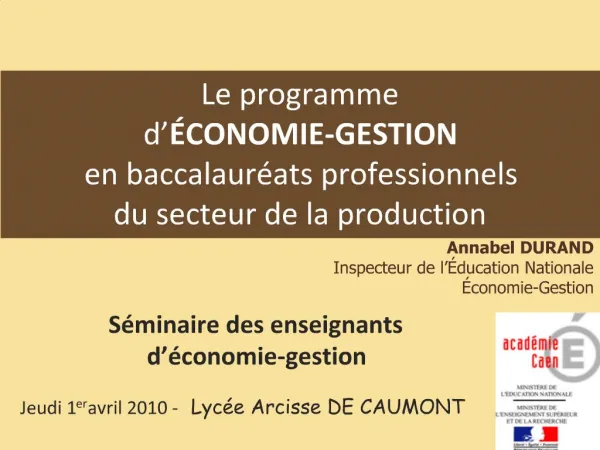Le programme d CONOMIE-GESTION en baccalaur ats professionnels du secteur de la production