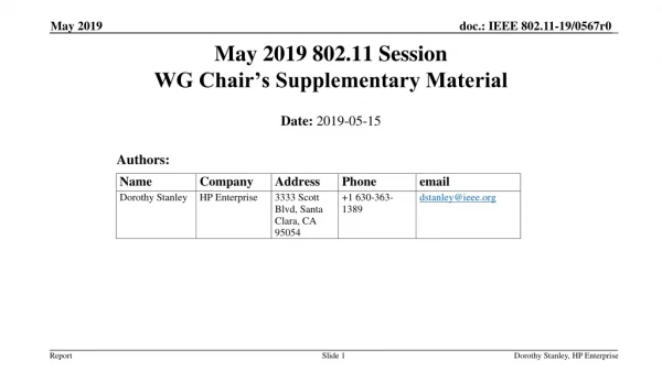 May 2019 802.11 Session WG Chair’s Supplementary Material