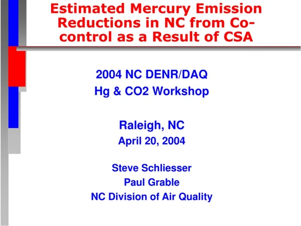 Estimated Mercury Emission Reductions in NC from Co-control as a Result of CSA