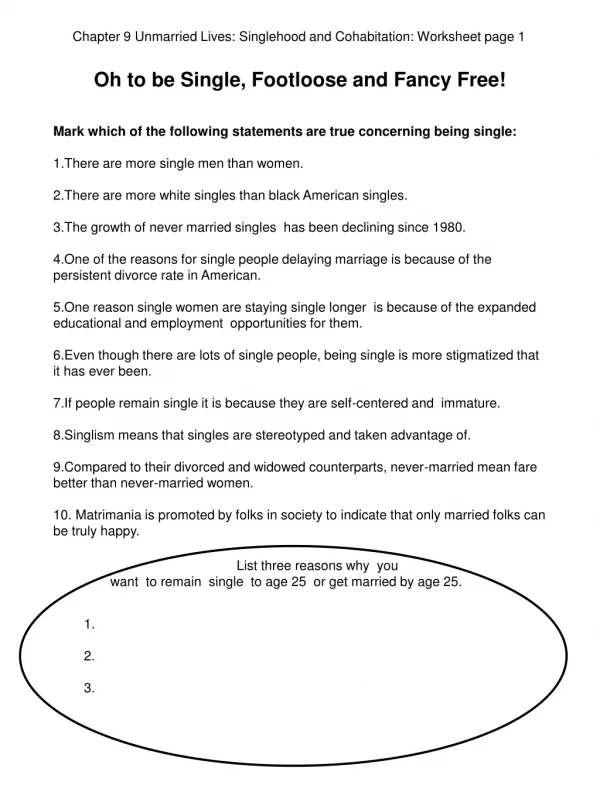 Chapter 9 Unmarried Lives: Singlehood and Cohabitation: Worksheet page 1