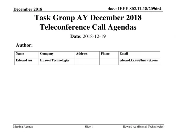 Task Group AY December 2018 Teleconference Call Agendas
