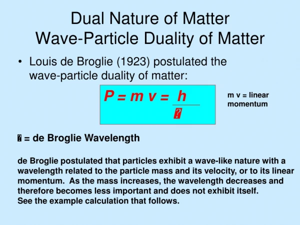 Dual Nature of Matter Wave-Particle Duality of Matter