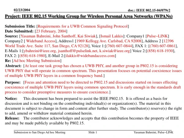 Project: IEEE 802.15 Working Group for Wireless Personal Area Networks (WPANs)