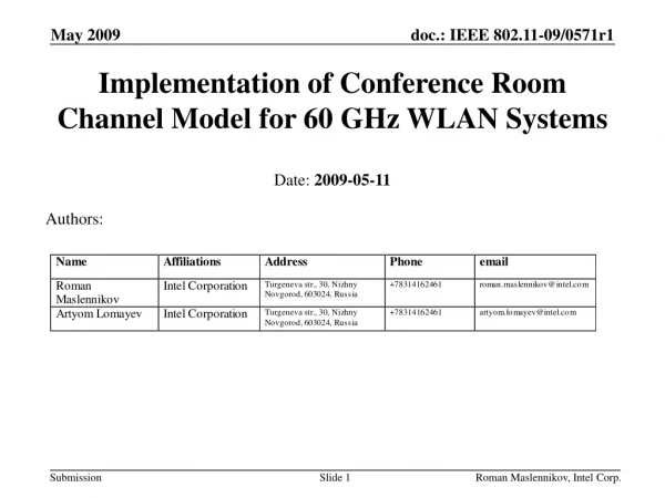 Implementation of Conference Room Channel Model for 60 GHz WLAN Systems