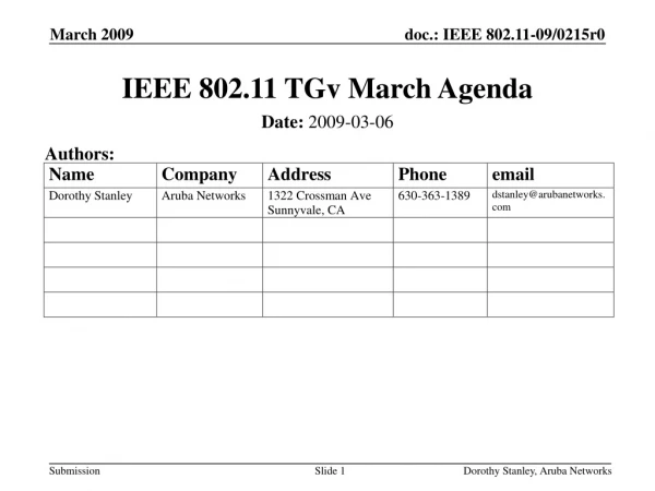 IEEE 802.11 TGv March Agenda