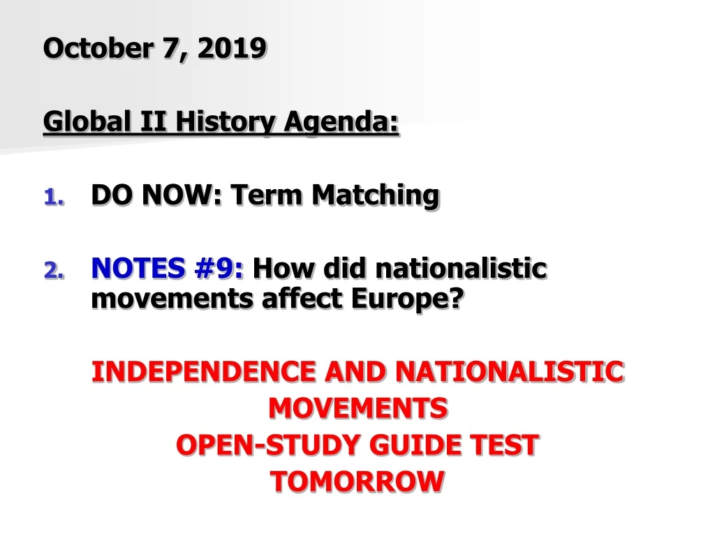 october 7 2019 global ii history agenda