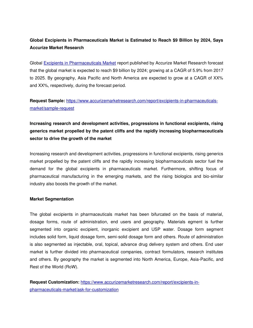 global excipients in pharmaceuticals market