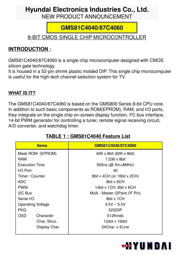 Hyundai Electronics Industries Co., Ltd. NEW PRODUCT ANNOUNCEMENT