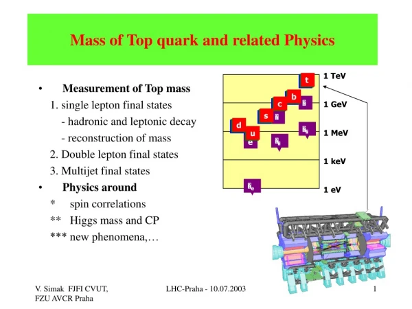 Mass of Top quark and related Physics