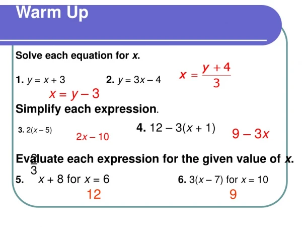 Warm Up Solve each equation for x . 1. y = x + 3		 2. y = 3 x – 4 Simplify each expression .