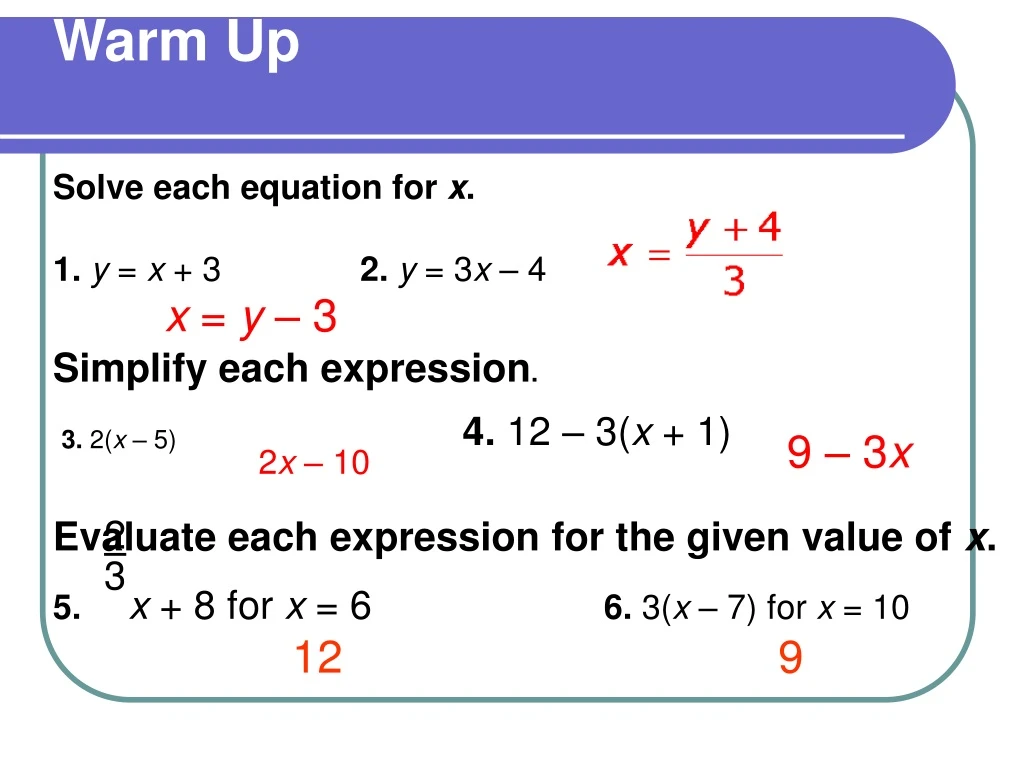 warm up solve each equation