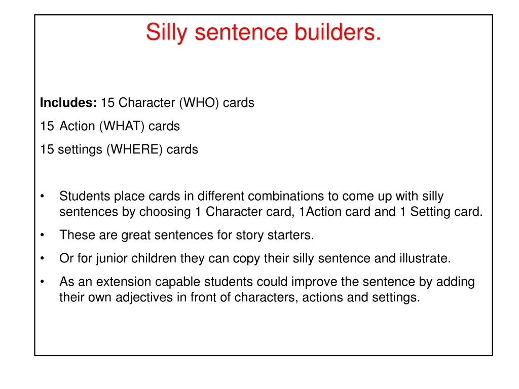 silly sentence builders includes 15 character