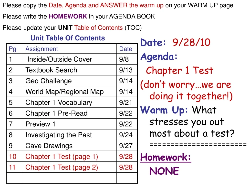 date 9 28 10 agenda chapter 1 test don t worry