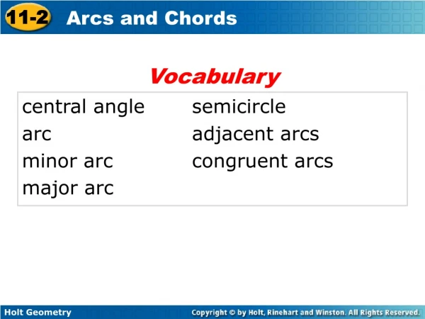 central angle		semicircle arc				adjacent arcs minor arc		congruent arcs major arc