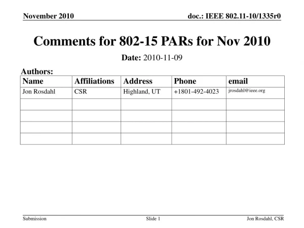 Comments for 802-15 PARs for Nov 2010