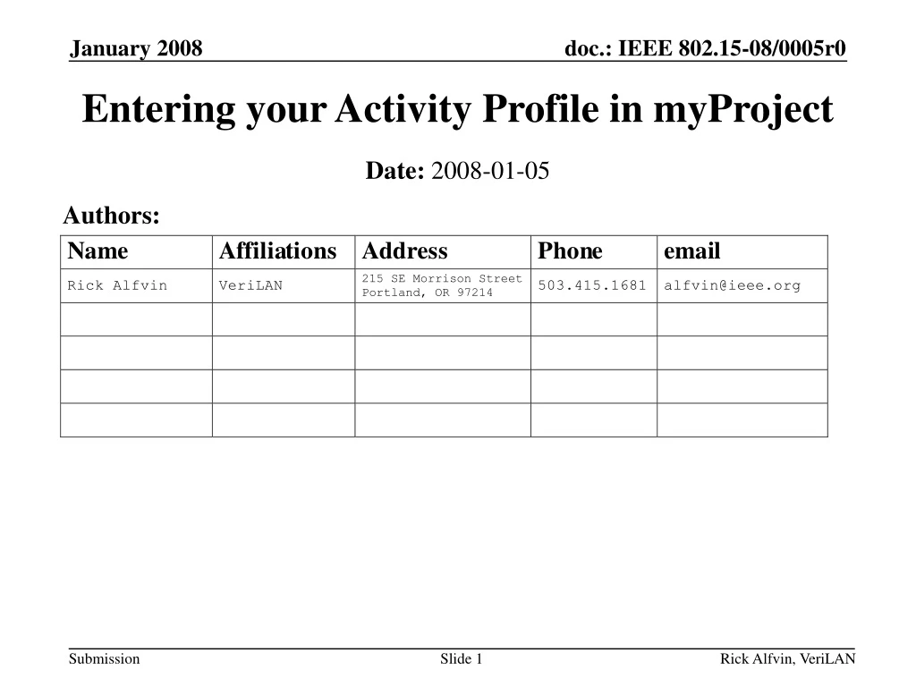 entering your activity profile in myproject