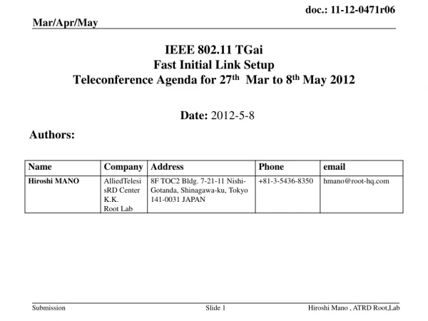 IEEE 802.11 TGai Fast Initial Link Setup Teleconference Agenda for 27 th Mar to 8 th May 2012