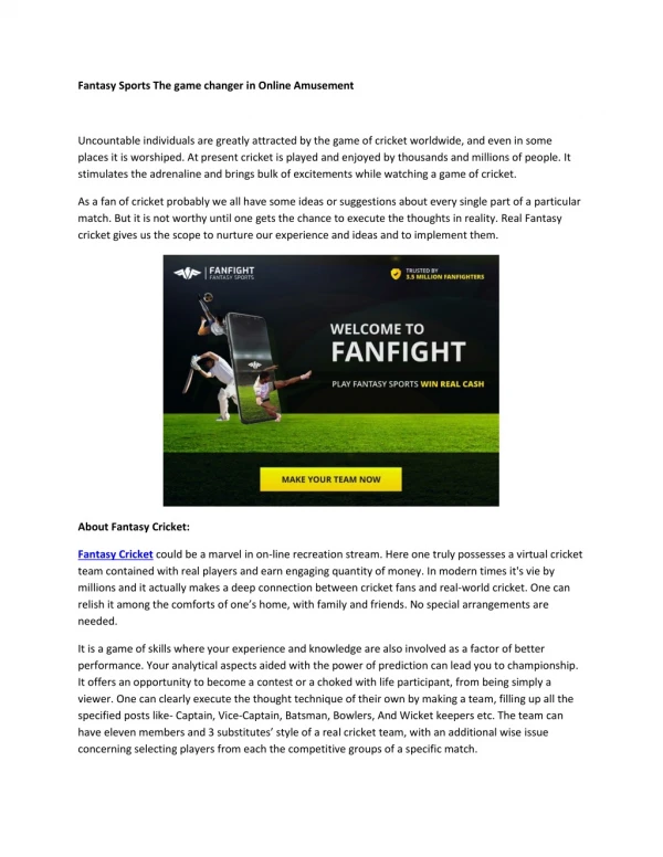 Fantasy Sports The game changer in Online Amusement