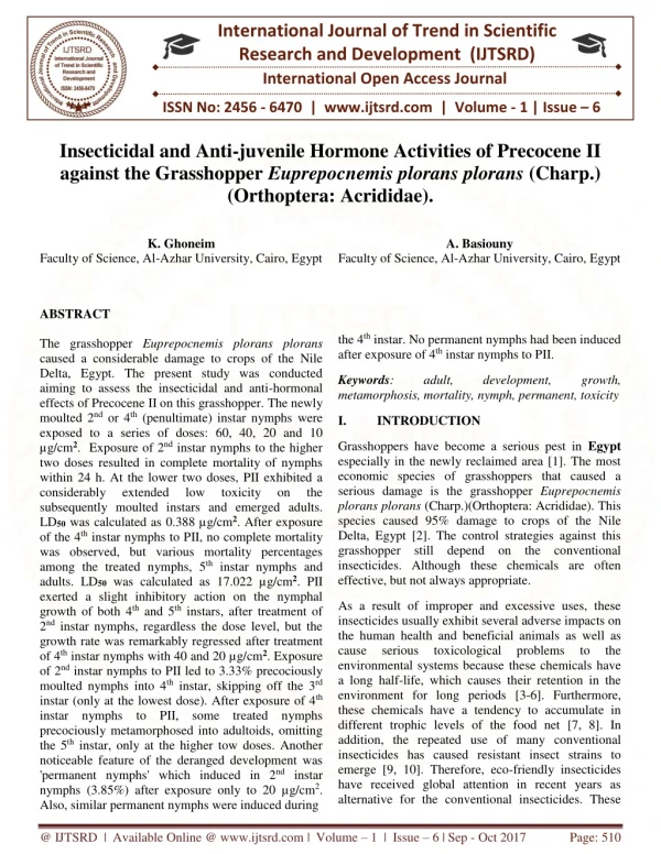 Insecticidal and Anti juvenile Hormone Activities of Precocene II against the Grasshopper Euprepocnemis plorans plorans