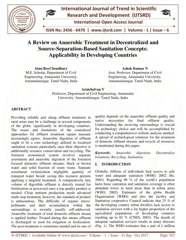 A Review on Anaerobic Treatment in Decentralized and Source Separation Based Sanitation Concepts Applicability in Develo