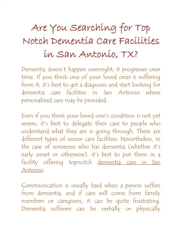 Are You Searching for Top Notch Dementia Care Facilities in San Antonio, TX?