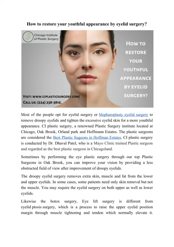 How eyelid surgery helps to improve your youthful appearance?