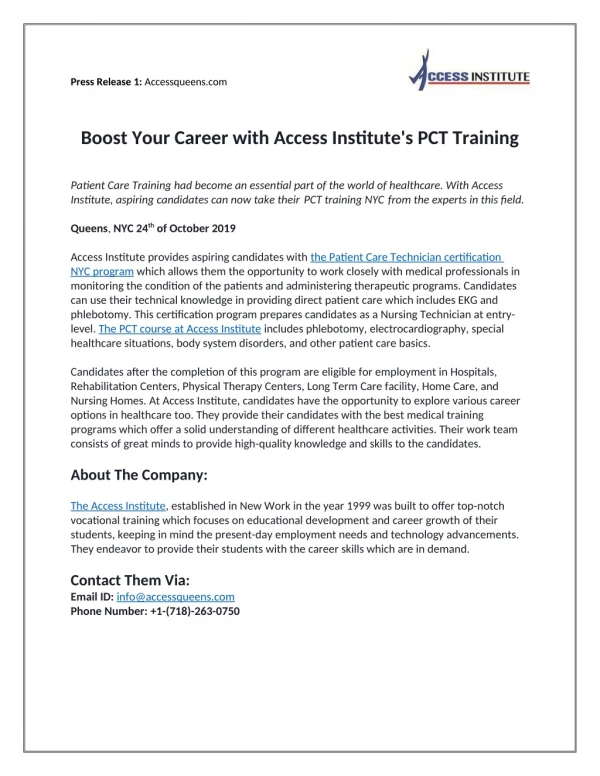 Boost your career with Access Institute's PCT training